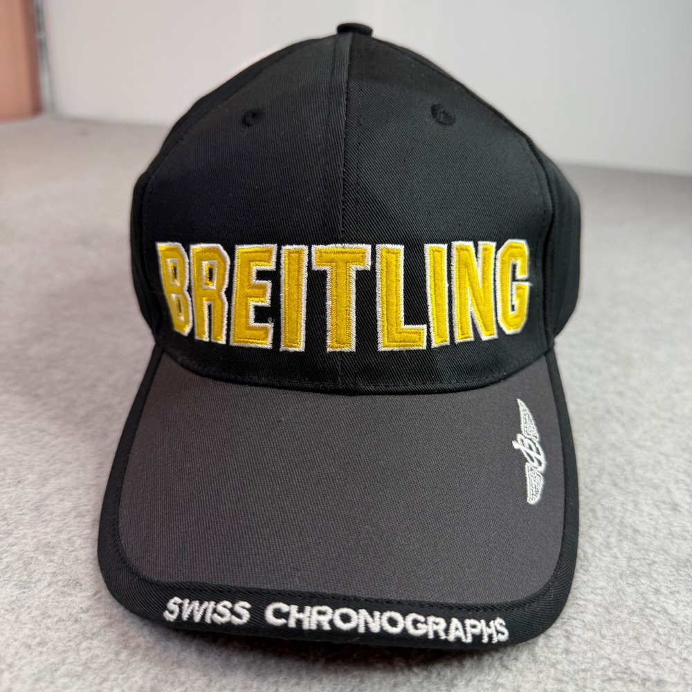 Vintage Breitling Baseball Hat Mens Black Yellow Swiss Chronographs (Flaw READ)
